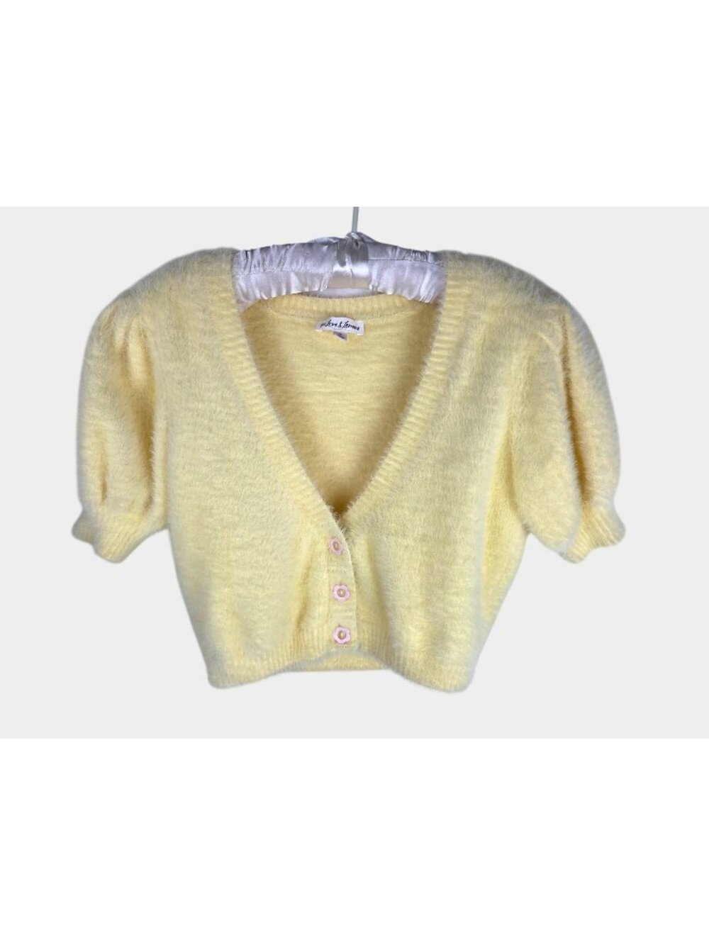 For Love & Lemons Devon Cropped Cardigan Sz M Yellow Fuzzy Puff Sleeve Sweater